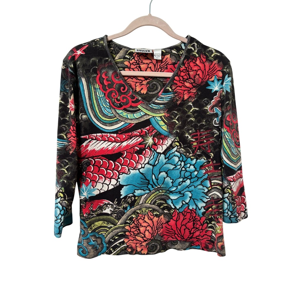 Chicos Design Vintage Koi Fish Floral V-Neck 3/4 Sleeve Cotton Top Size 2 L